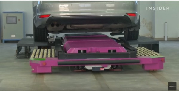 Geta robots pick up a car by sliding underneath.