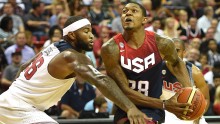 DeMarcus Cousins (L) and Bradley Beal compete against each other during a Team USA scrimmage