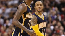 Indiana Pacers players Paul George (L) and Monta Ellis