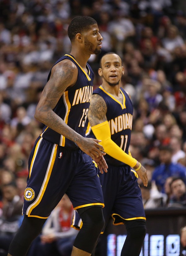 Indiana Pacers players Paul George (L) and Monta Ellis