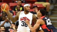 DeMarcus Cousins (L) and Anthony Davis during a Team USA scrimmage