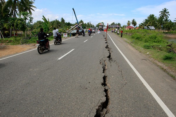 Roads cracked in the quake of 6.4 magnitude on Dec. 7, 2016 in Sigli, Aceh Province, Indonesia.