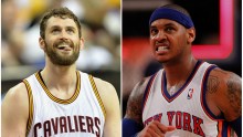 Cleveland Cavaliers' Kevin Love (L) and New York Knicks' Carmelo Anthony
