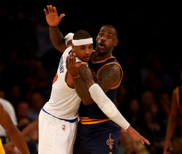 New York Knicks' Carmelo Anthony (L) and Cleveland Cavaliers' LeBron James