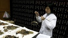  A Chinese medicine seller (R) weighs traditional Chinese herbs at a medicine shop on November 23, 2006 in Beijing, China.