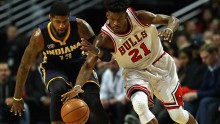 Indiana Pacers' Paul George (L) and Chicago Bulls' Jimmy Butler