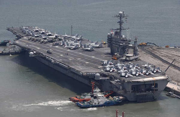  US aircraft carrier USS George Washington sits at anchor in Busan port on July 11, 2014 in Busan, South Korea.
