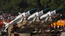 Replica missiles from the Akash Weapon System are displayed during the Republic Day Parade on January 26, 2009 in New Delhi, India.
