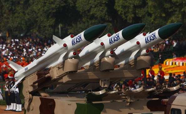 Replica missiles from the Akash Weapon System are displayed during the Republic Day Parade on January 26, 2009 in New Delhi, India.