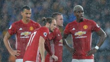 Manchester United players (from L to R) Zlatan Ibrahimovic, Daley Blind, Wayne Rooney, and Paul Pogba
