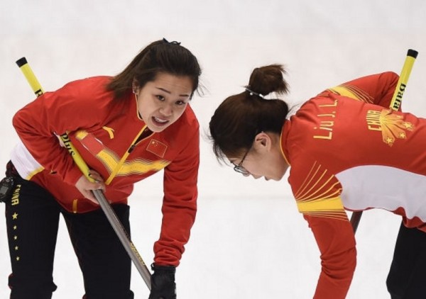 Chinese curlers Wang Rui (L) and Liu Jinli