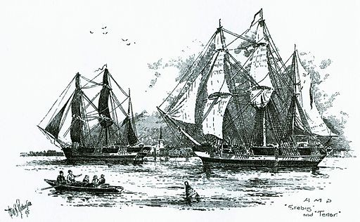 An artist's drawing of HMD Erebus and HMS Terror