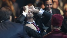 Members of Qatar's delegation react after the announcement that Qatar is going to be host nation for the FIFA World Cup 2022, in Zurich December 2, 2010.