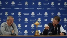 Europe Ryder Cup captain Paul McGinley (L) and U.S. Ryder Cup captain Tom Watson share a light moment during a news conference ahead of the 2014 Ryder Cup at Gleneagles in Scotland September 22, 2014.