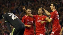 Liverpool's Suso (2nd R) celebrates after scoring during their League Cup soccer match against Middlesbrough at Anfield in Liverpool, northern England September 23, 2014.