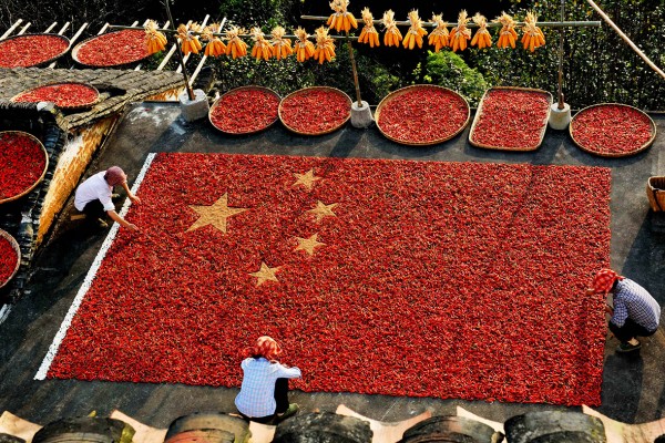 Farmers arrange chillies, rice and beans to form the Chinese national flag in preparation for the 65th anniversary marking the founding of the People's Republic of China in Jiangxi province.