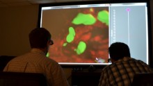 Andrew Cohen, PhD (right) and Eric Wait (left), are giving microbiologists an interactive look at the cells they're studying.