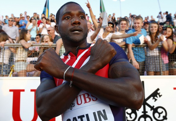 Justin Gatlin of the U.S. reacts after winning the men's 100m race during the Lausanne Diamond League meeting at the Stade de la Pontaise in Lausanne July 3, 2014.