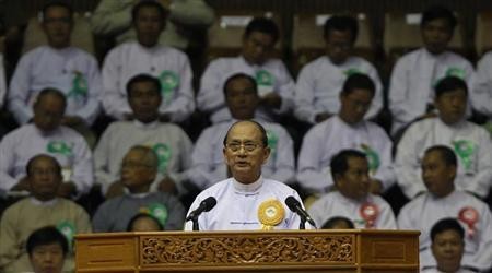 Myanmar President Thein Sein at a launching ceremony for a rural development and social economy improvement program in Yangon, June 2, 2013.