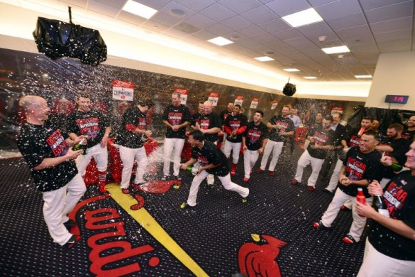 The St. Louis Cardinals celebrate as they advanced to the National League Championship Series for the fourth straight year.