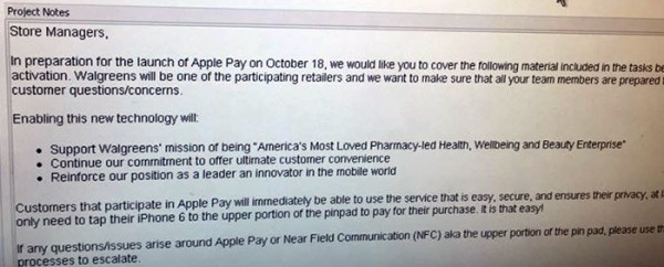 Walgreens Leaked Memo on Apple Pay