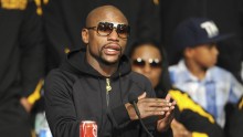 WBC/WBA welterweight champion Floyd Mayweather Jr. of the U.S. talks about his hand during a post fight news conference after beating Marcos Maidana of Argentina 