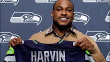 Seattle Seahawks wide receiver Percy Harvin gets introduced after signing contract.