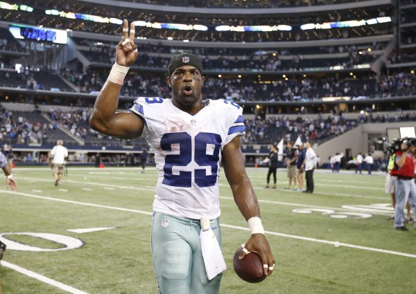 Oct 19, 2014; Arlington, TX, USA; Dallas Cowboys running back DeMarco Murray (29) after a 31-21 victory against the New York Giants at AT&T Stadium. Murray broke the NFL record with 7+ consecutive games with 100+ yards.