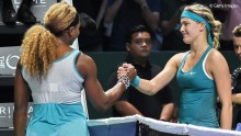 Defending champion Serena Williams is back on track as she demolished Canadian star Eugenie Bouchard in two straight sets 6-1 6-1 in her final round-robin match at the WTA Finals in Singapore