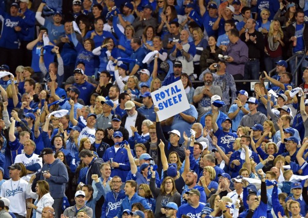  Kansas City Royals fans hold up a sign against the Los Angeles Angels during game three of the 2014 ALDS baseball playoff game at Kauffman Stadium, Oct. 5, 2014. 