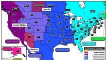 This U.S. National Institute of Standards and Technology map shows the time zones in the United States and Canada. 
