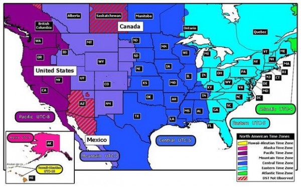 This U.S. National Institute of Standards and Technology map shows the time zones in the United States and Canada. 