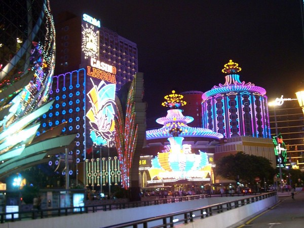Casino Lisboa and neighboring casinos at night in Macau.