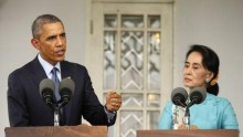 U.S. President Barack Obama and opposition politician Aung San Suu Kyi hold a press conference after their meeting at her residence in Yangon, November 14, 2014.