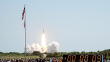 A U.S. rocket soars towards space.