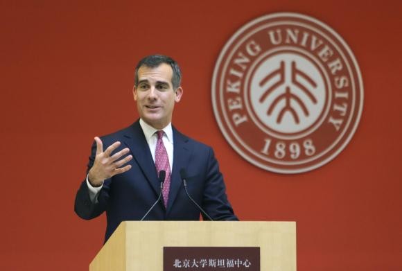 Los Angeles Mayor Eric Garcetti speaks during a conference on the challenges and opportunities for sustainable development at Peking University Stanford Center, in Beijing November 20, 2014.