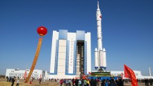  Long March 2F rocket (Chang Zheng 2F) with manned spaceship Shenzhou-8 during roll-out, at Jiuquan Satellite Center.