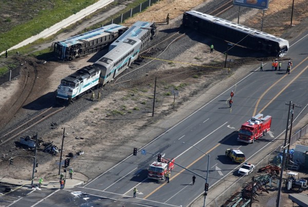 An aerial view shows the scene of a double-decker Metrolink train derailment in Oxnard, California February 24, 2015.