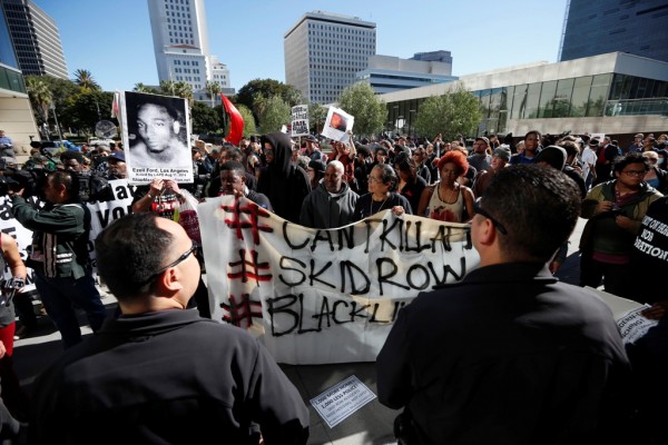 Protest vs. killing of homeless man by cop along Skid Row section of LA. March 3, 2015.