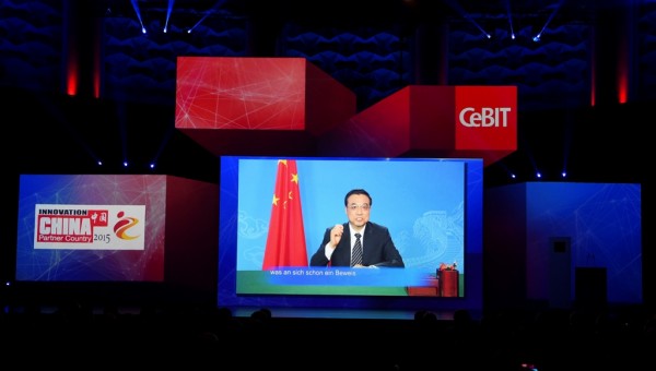 Chinese Premier Li Keqiang makes a televised address during the official opening of the CeBIT trade fair in Hanover March 15, 2015. 