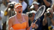 Maria Sharapova shouting in victory after making the last point to win the French Open Title