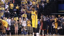 Paul George soaking up the fans' appreciation during his return game against the Miami Heat