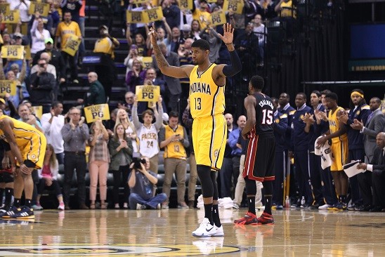Paul George soaking up the fans' appreciation during his return game against the Miami Heat