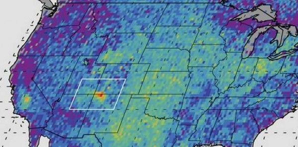 The Four Corners area, in red, is the major U.S. hot spot for methane emissions.