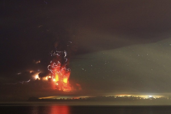 Smoke and lava spew from the Calbuco volcano