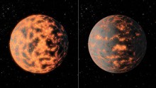 This artist's impression of super-Earth 55 Cancri e shows a hot partially-molten surface of the planet before and after possible volcanic activity on the day side.