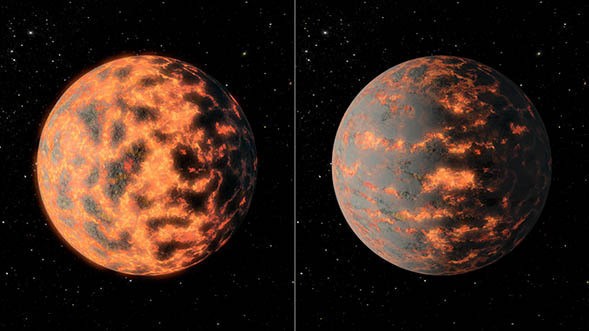 This artist's impression of super-Earth 55 Cancri e shows a hot partially-molten surface of the planet before and after possible volcanic activity on the day side.