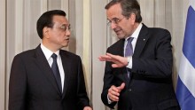 Chinese Premier Li Keqiang talks with Greek Prime Minister Antonis Samaras during their meeting in Greece on June 17, 2014.