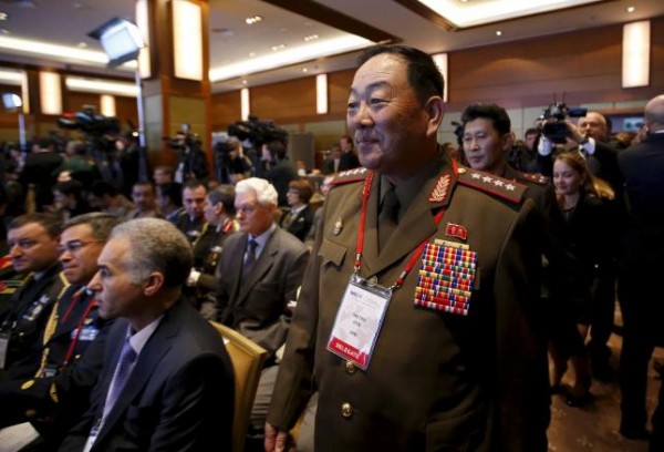 Senior North Korean military officer Hyon Yong Chol (R, front) attends the 4th Moscow Conference on International Security (MCIS) in Moscow in this April 16, 2015 file photo.