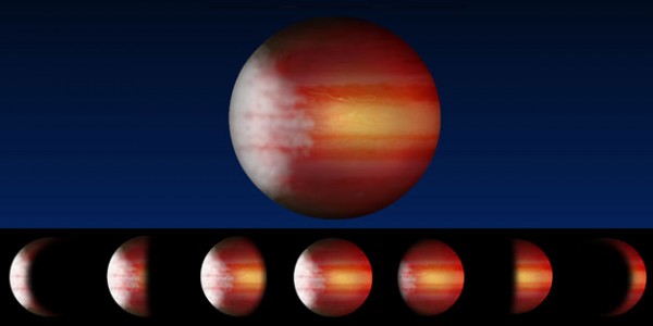 An artist's rendering of an exoplanet with cloudy mornings and clear, scorching afternoons, exhibiting a cycle of phase variations that occur as different portions of the planet are illuminated by its star, as seen from Earth.